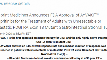 Blueprint Medicines anuncia la aprobación de la FDA de AYVAKIT ™ (avapritinib) de GIST PDGFRA Exón 18